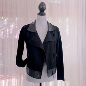 MY TRIBE wool blend Moto knit jacket leather trim full zip front zip pockets